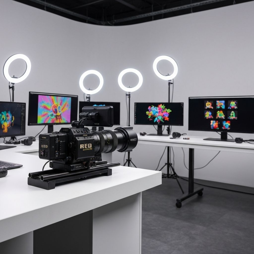 Professional media production studio with cameras and equipment